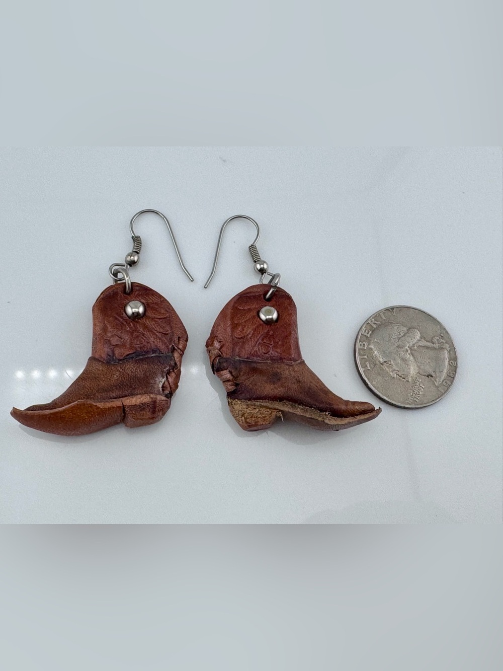 Brown Leather Cowboy Boot Earrings Western Cowgirl Tooled Dangle Jewelry - Picture 14 of 16